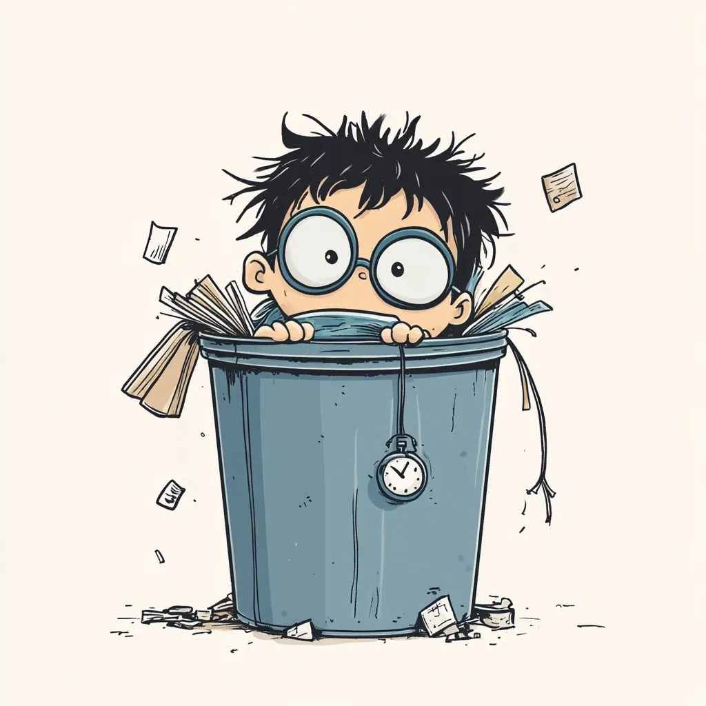 A cartoon boy with glasses and messy hair hides in a blue trash can overflowing with papers.  He looks stressed and overwhelmed.  A pocket watch hangs from the can's rim. Papers and small objects are scattered on the ground around the bin, suggesting a chaotic and possibly deadline-driven situation. The overall style is whimsical but conveys a sense of anxiety.
