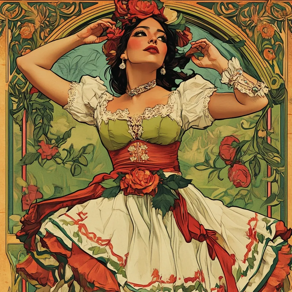 A woman in a vibrant, Art Nouveau-style dress is depicted.  Her attire features a white bodice with green and red accents, a full skirt, and a crown of red roses. She's adorned with jewelry and her dark hair cascades down her shoulders. The background showcases a lush garden, enhancing the overall romantic and whimsical aesthetic. The image's style evokes classic posters or illustrations from the turn of the 20th century.
