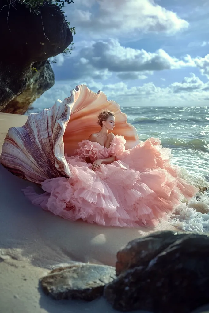 A woman in a voluminous, light pink, ruffled gown sits inside a giant seashell on a sandy beach.  The ocean waves gently lap at the shore. The scene is idyllic and dreamy, with a bright sky and dark rocks providing a contrast to the soft colors of the dress and shell.  The overall impression is one of ethereal beauty and fantasy.
