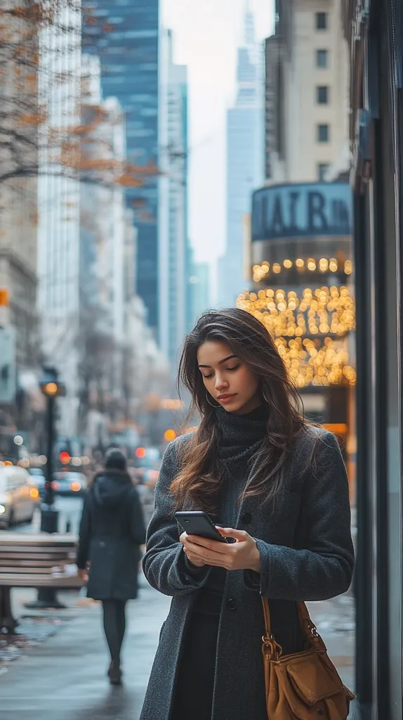 A young woman with long brown hair stands on a city street, checking her smartphone.  She's wearing a dark gray coat and a tan shoulder bag.  The background is blurred but shows tall buildings and a street scene with pedestrians and traffic.  The overall ambiance is urban and slightly moody.