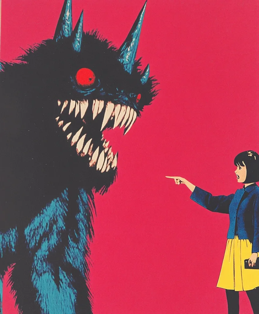 A stylized illustration depicts a menacing, blue, horned creature with sharp teeth against a vibrant pink backdrop.  A young woman, in a yellow skirt and dark jacket, stands to the right, pointing at the beast with a look of apprehension or defiance. The stark contrast in colors and the expressions create a dramatic, almost surreal scene.