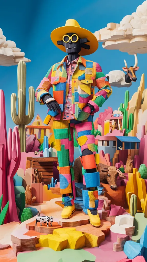 A vibrant, stylized figure stands in a whimsical desert landscape.  Clad in a colorful patchwork suit and a yellow hat, the figure's black form contrasts sharply with the bright attire.  The background features cartoonish cacti, buildings, and animals, all crafted from layered, brightly colored materials, creating a surreal and playful scene.  The overall style is reminiscent of children's book illustration or a pop-art collage.