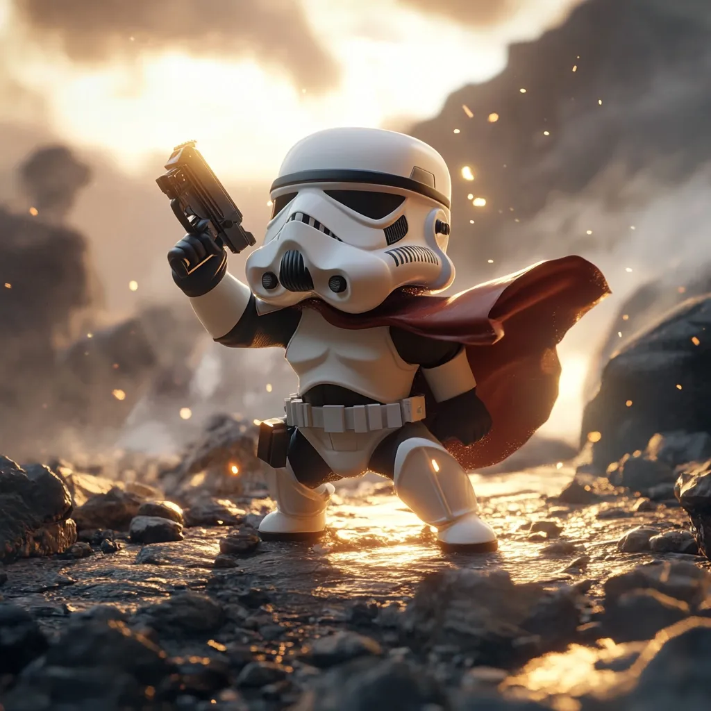 A cute, chibi-style Stormtrooper figurine stands on a rocky landscape, bathed in golden light.  The miniature trooper, clad in a red cape, holds a blaster pistol.  Sparks and smoke suggest a battle scene, creating a dramatic, yet adorable, image. The setting evokes a desolate, possibly volcanic, planet.
