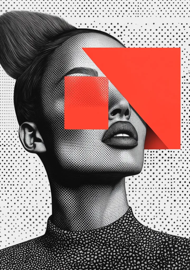 A stylized black and white portrait of a woman's face, rendered in a pointillist style, is partially obscured by bold, coral-red geometric shapes.  The woman's hair is pulled back in a sleek updo. The contrasting colors and graphic elements create a striking, modern aesthetic. The background is a halftone pattern of black dots on white.