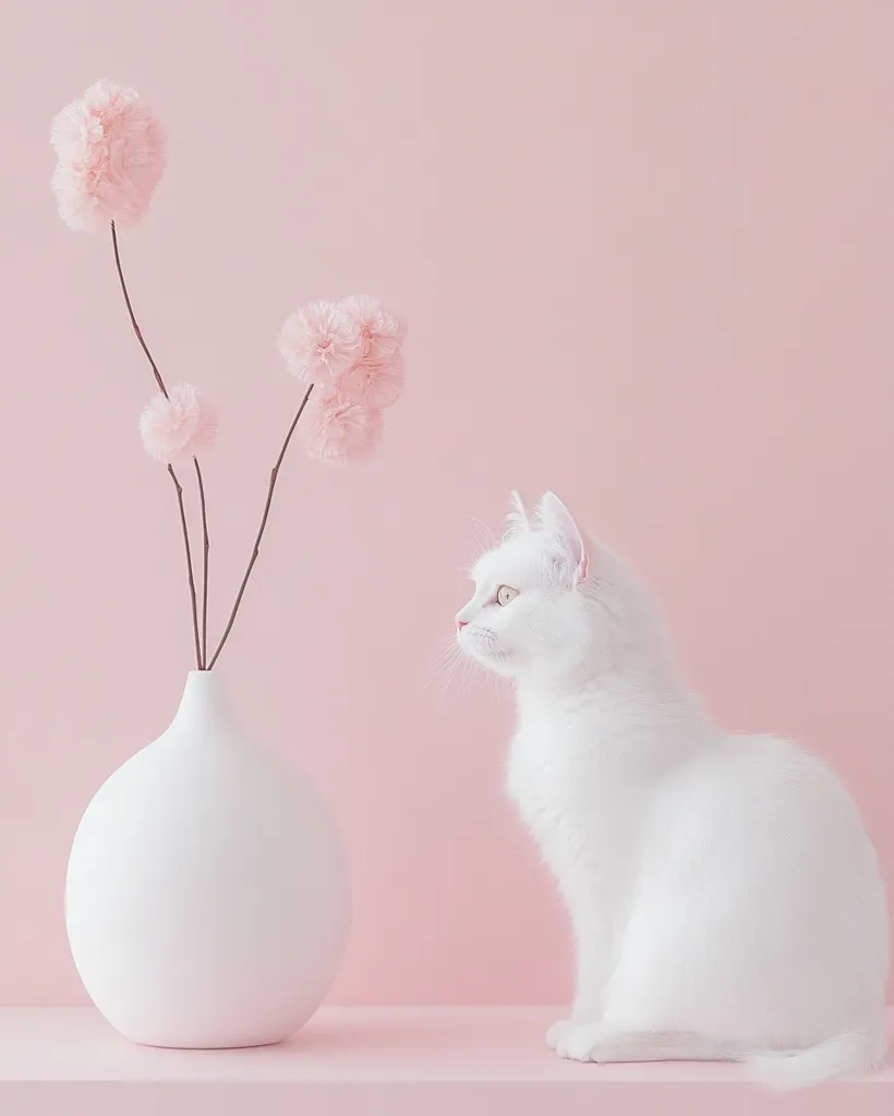 A fluffy white cat sits on a pink surface, gazing to the left.  Next to it is a simple white vase holding a delicate arrangement of light pink pom-pom-like flowers. The pastel pink background enhances the soft, serene atmosphere of the image.  The overall aesthetic is minimalist and calming.