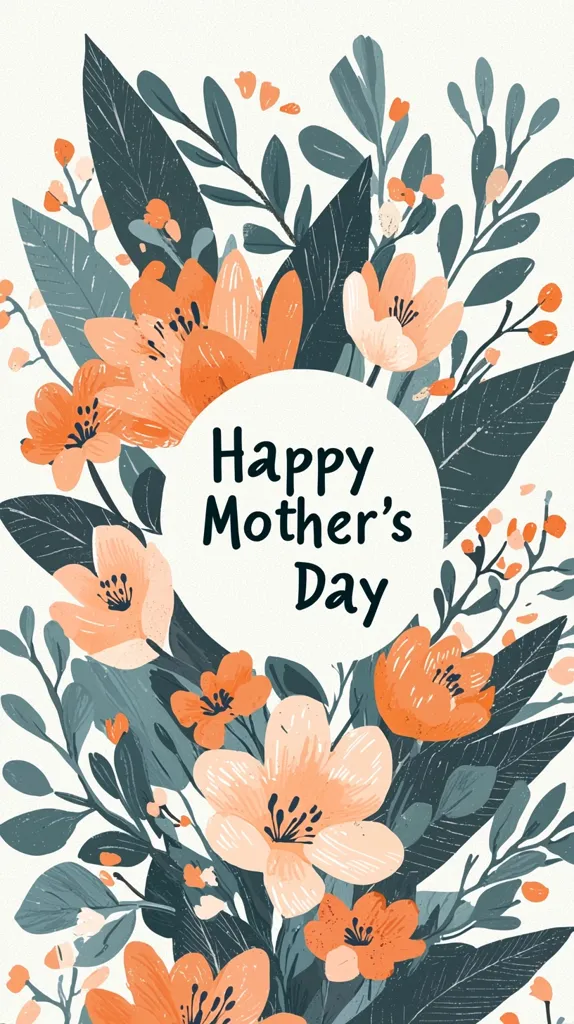 A vibrant Mother's Day card features a lush bouquet of peach and orange flowers, accented by dark teal leaves.  The flowers are artfully arranged around a central circle containing the text "Happy Mother's Day" in a simple, elegant font. The illustration style is modern and slightly textured, creating a warm and heartfelt greeting.