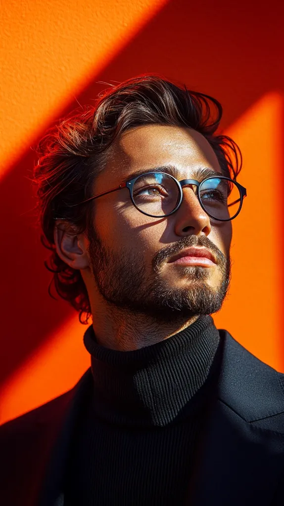 A man with dark, wavy hair and a beard wears round glasses and a black turtleneck sweater.  He is positioned against a vibrant orange background, with sunlight casting shadows across his face and shoulders.  His gaze is directed upward, creating a contemplative mood in the portrait.  The image is sharply focused, highlighting the textures of his clothing and skin.