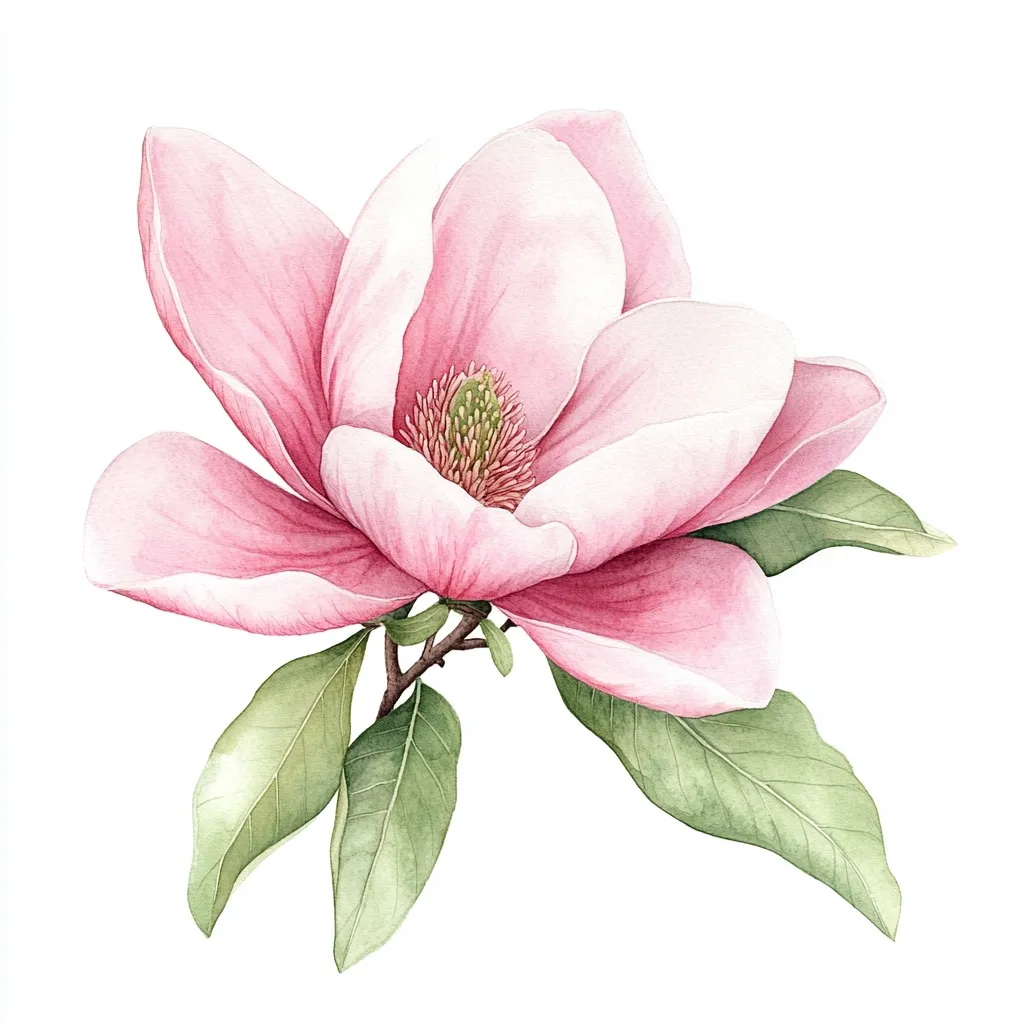 A delicate watercolor painting showcases a single, pale pink magnolia blossom.  Its petals are softly rendered, exhibiting a subtle gradient of color.  The flower's center is detailed with a cluster of stamens, and the painting includes a few leaves in muted greens, completing the botanical illustration against a clean white background. The style is realistic and elegant.