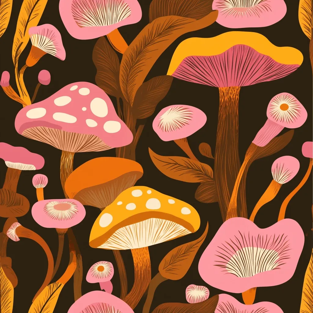 A vibrant seamless pattern showcases a whimsical collection of mushrooms in various sizes and colors.  Pink, orange, and yellow fungi sprout from stylized brown stems and leaves against a dark background. The design evokes a retro, 70s aesthetic with its bold colors and organic shapes, creating a playful and enchanting visual.  The mushrooms are densely packed, creating a rich and textured feel.