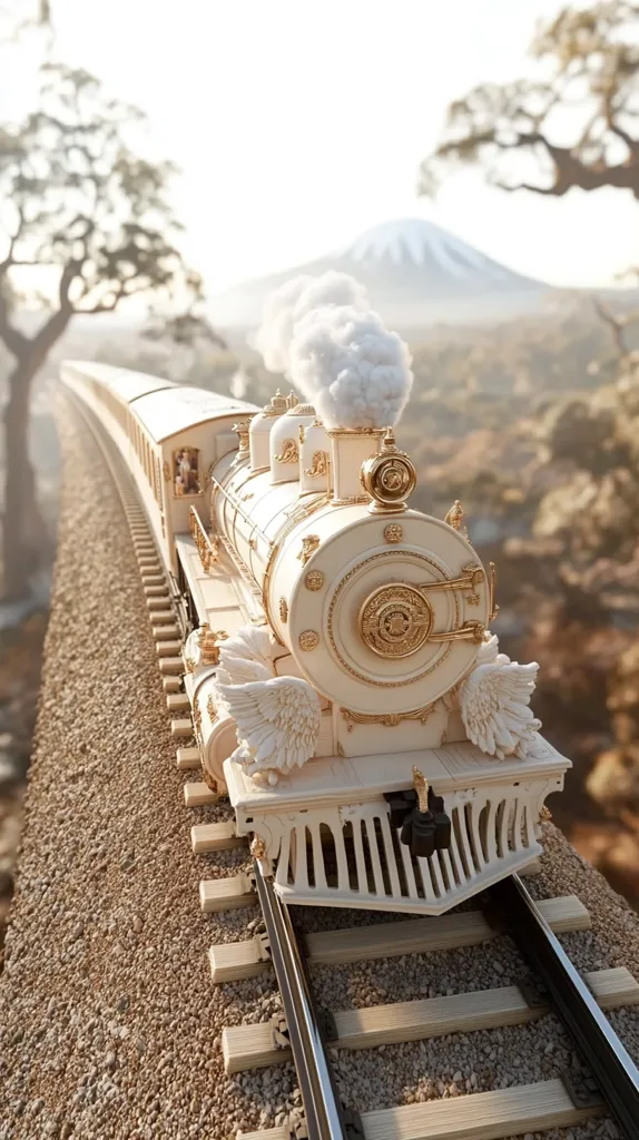 A majestic, cream-colored steam train with ornate gold detailing and decorative wings chugs along a track.  The train emits a plume of white smoke, creating a whimsical scene. In the background, a mountain peak is visible under a hazy, sun-drenched sky. The overall aesthetic is elegant and dreamy.