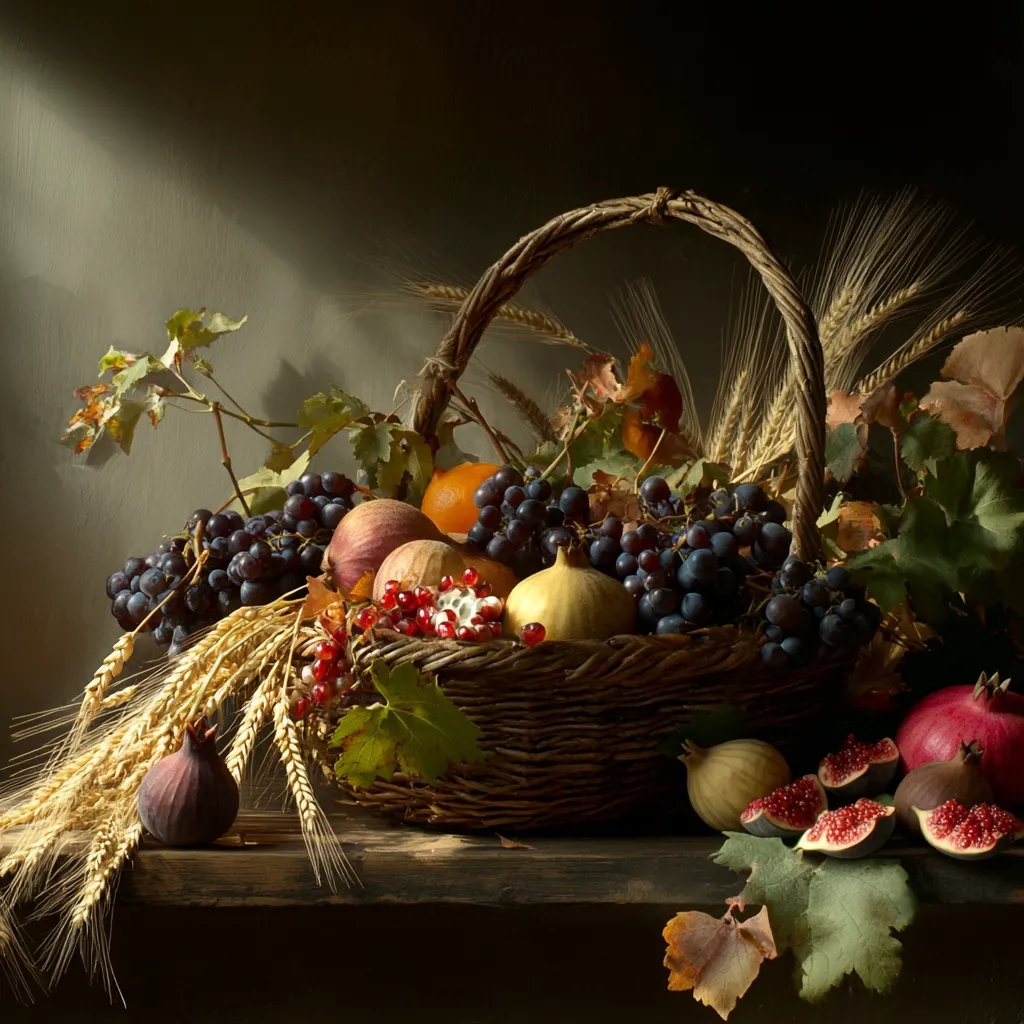 A rustic woven basket overflows with autumn's bounty.  Dark purple grapes, ripe figs, a vibrant pomegranate, and a scattering of red currants nestle amongst wheat stalks and autumn leaves.  Peaches and an orange add warmth to the composition, bathed in a soft, dramatic light. The scene evokes a feeling of harvest abundance and seasonal richness.