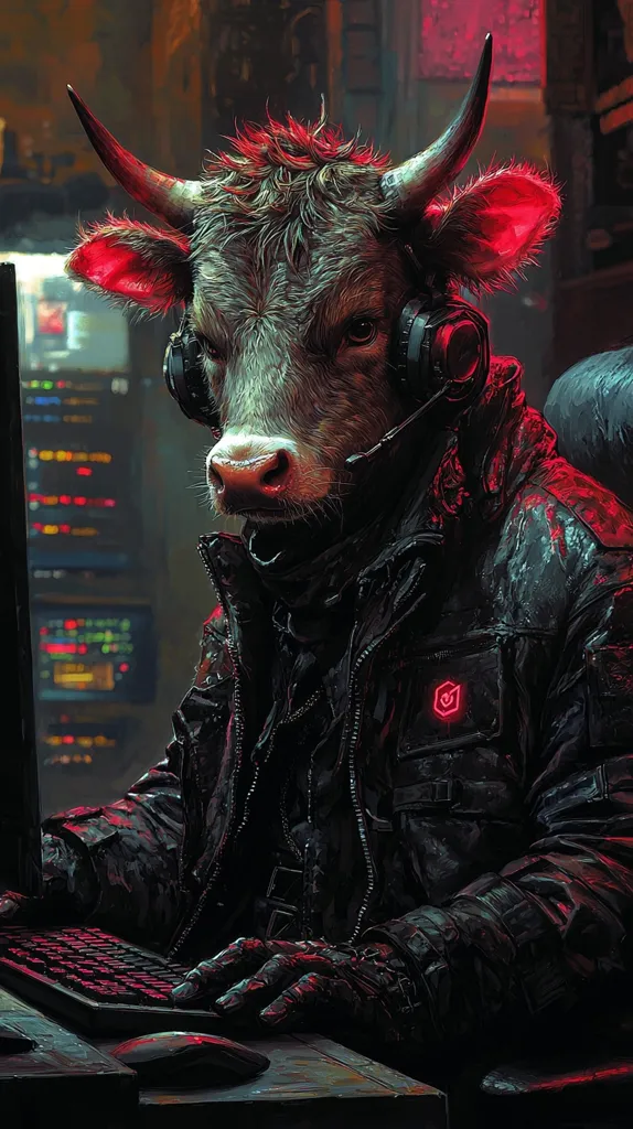 A digital painting depicts a cow wearing a tactical jacket and headphones, seated at a computer.  Its ears and horns glow with a red light. The cow's hands are gloved as it operates a keyboard and mouse, situated in a dimly lit, technological environment. The scene suggests a cyberpunk or futuristic setting. The overall aesthetic is dark and gritty, emphasizing the unexpected juxtaposition of a cow with advanced technology.