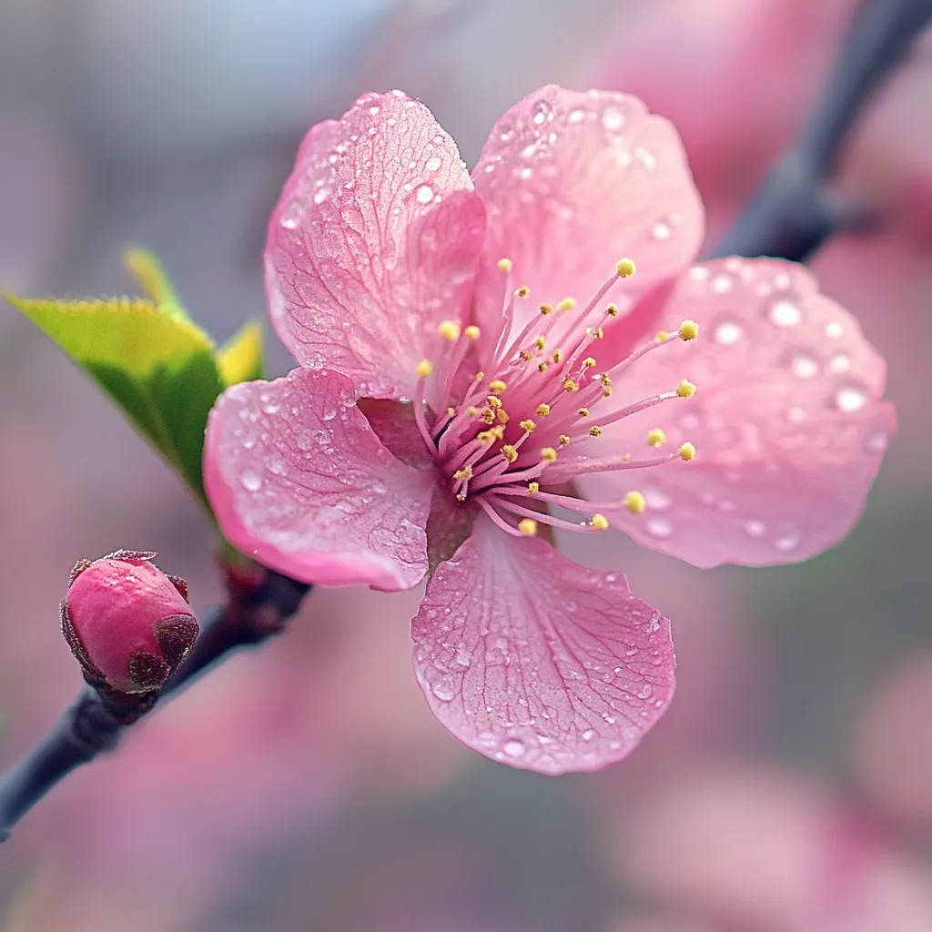 A delicate pink flower, possibly a cherry blossom or plum blossom, is adorned with glistening water droplets on its petals.  The flower's intricate details, including its numerous stamens, are clearly visible. A smaller, unopened bud is visible on the same branch, suggesting the beginning of spring.  The soft focus background showcases a blurred array of similar blossoms, creating a dreamy, ethereal atmosphere.