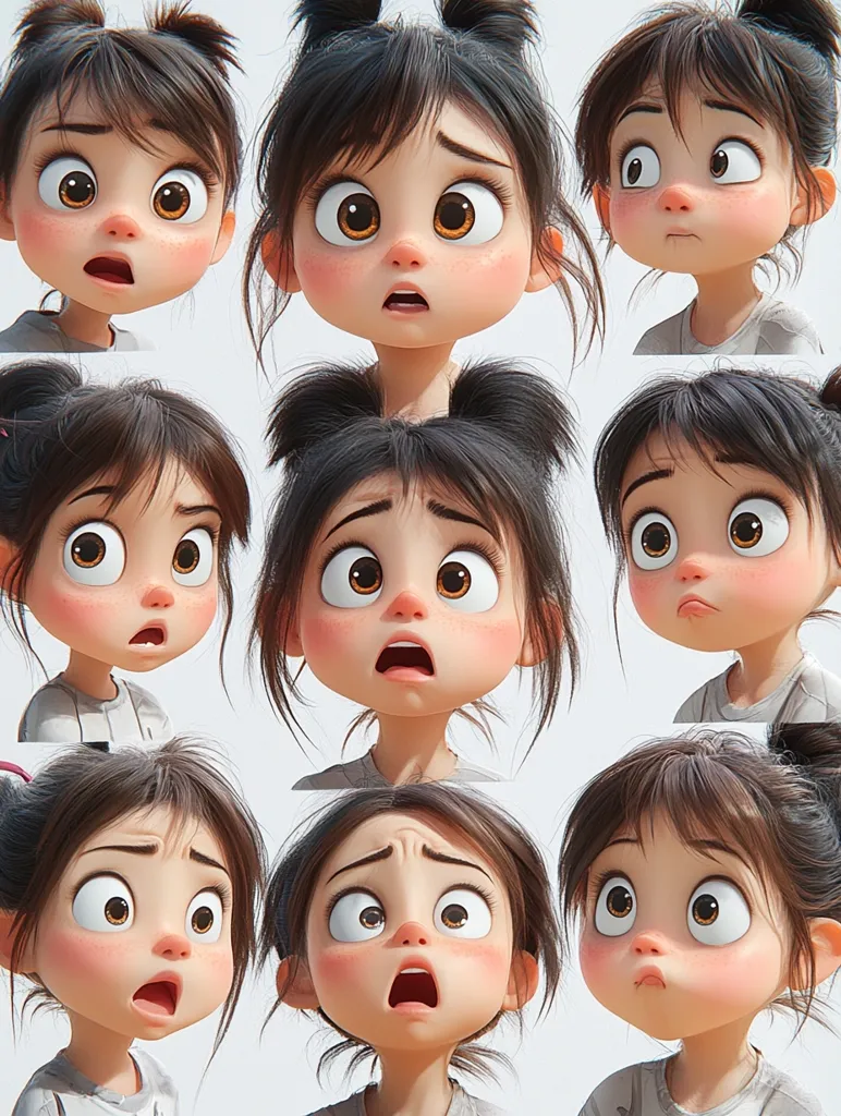 A grid showcases nine variations of a cute, cartoon girl's facial expressions.  Her large eyes and round cheeks convey a range of emotions, from surprised and worried to shocked and concerned.  The consistent hairstyle and attire emphasize the subtle yet distinct changes in her expressions, highlighting the artistry in capturing nuanced emotional states.  The style is reminiscent of 3D animation.