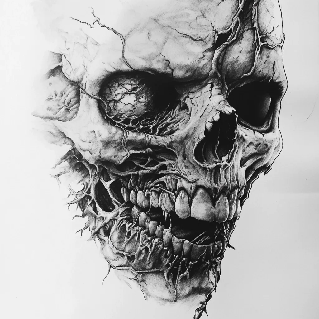 A detailed pencil sketch depicts a decaying skull, rendered in grayscale.  The skull is heavily textured, showing cracks and exposed bone, with a focus on the jaw and teeth.  The eye socket is deeply shadowed, adding to the skull's grim and visceral appearance. The artist's skill is evident in the intricate detail and shading, creating a realistic and unsettling image.