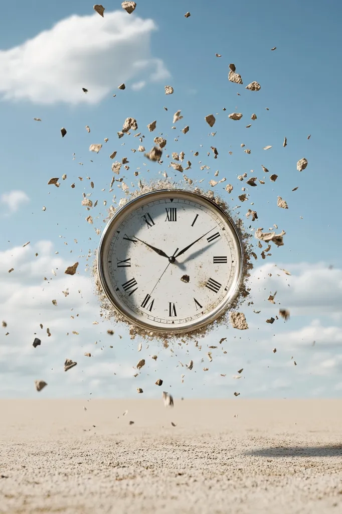A vintage clock face, seemingly made of stone, hangs suspended in mid-air against a clear blue sky.  Small pieces of rock and dust explode outward from around the clock, creating a dynamic, surreal image. The clock appears to be disintegrating, possibly symbolizing the passage of time or the ephemeral nature of existence.  The sandy desert landscape below emphasizes the desolate and perhaps timeless setting.