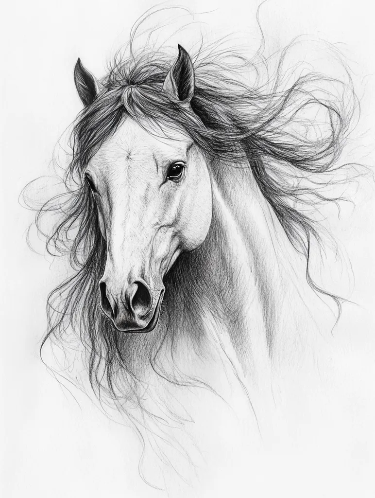 A stunning pencil sketch captures the head and neck of a white horse, its long, flowing mane and forelock rendered with exceptional detail.  The horse's expression is serene, its dark eyes conveying a sense of quiet strength.  The artist's skill is evident in the delicate shading and texture, creating a lifelike representation of the animal against a stark white background.  The windswept mane adds to the dynamic feel of the artwork.