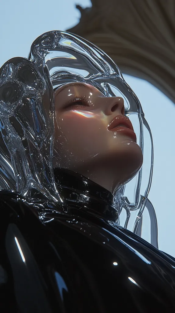 A digital rendering showcases a woman's face partially obscured by a translucent, amorphous glass structure.  The glass drapes over her head and shoulders, creating a surreal and futuristic effect.  Her skin is smooth, reflecting light, and her expression is serene. The background features an out-of-focus architectural setting, hinting at a classical or historical context, contrasting with the modern, almost otherworldly feel of the subject.  The overall image evokes a sense of mystery and elegance.