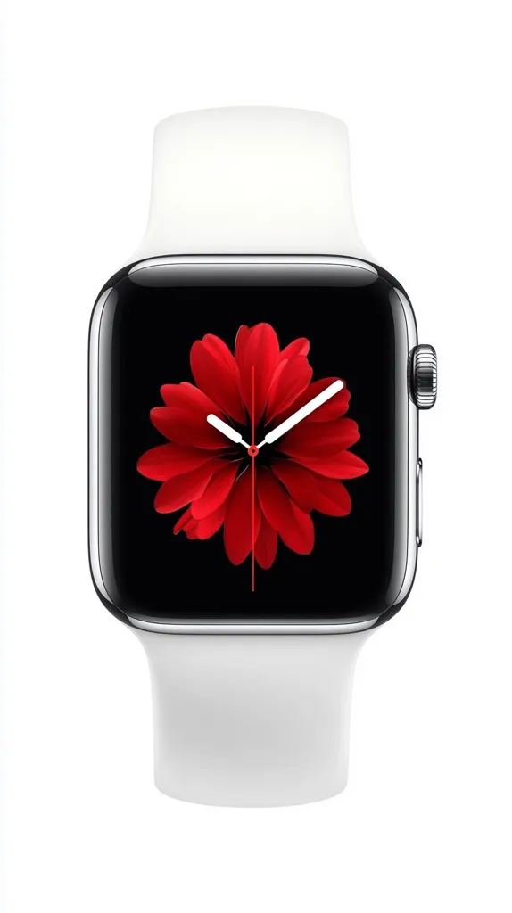 A silver Apple Watch with a white sport band is shown.  The watch face displays a large, stylized red flower with a minimalist clock design superimposed. The image is clean and brightly lit, showcasing the watch's sleek design and vibrant screen.