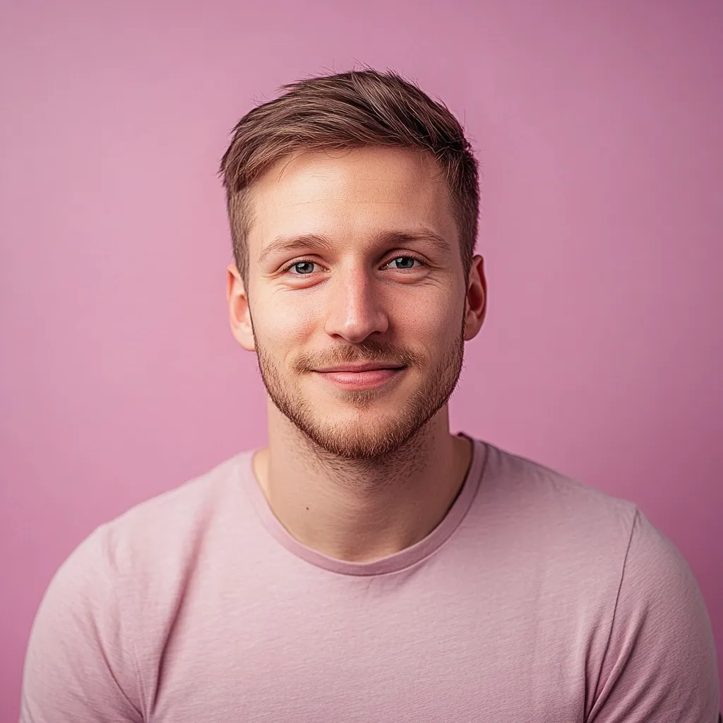 A young man with short, light brown hair smiles gently at the camera.  He has fair skin and light eyes. He's wearing a plain, light pink t-shirt against a matching pink background. The image is a close-up head and shoulders shot, focusing on his friendly expression.
