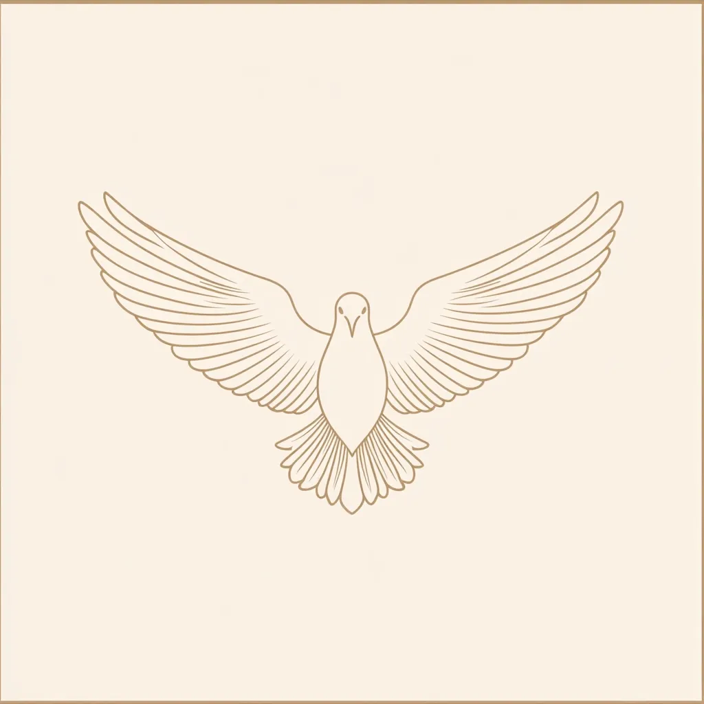 A minimalist line drawing depicts a dove in flight, its wings spread wide.  The dove is centrally positioned against a pale beige background, within a subtle frame.  The simple, elegant design conveys peace and serenity, using a light brown line for the bird's outline. The image is clean and symbolic.