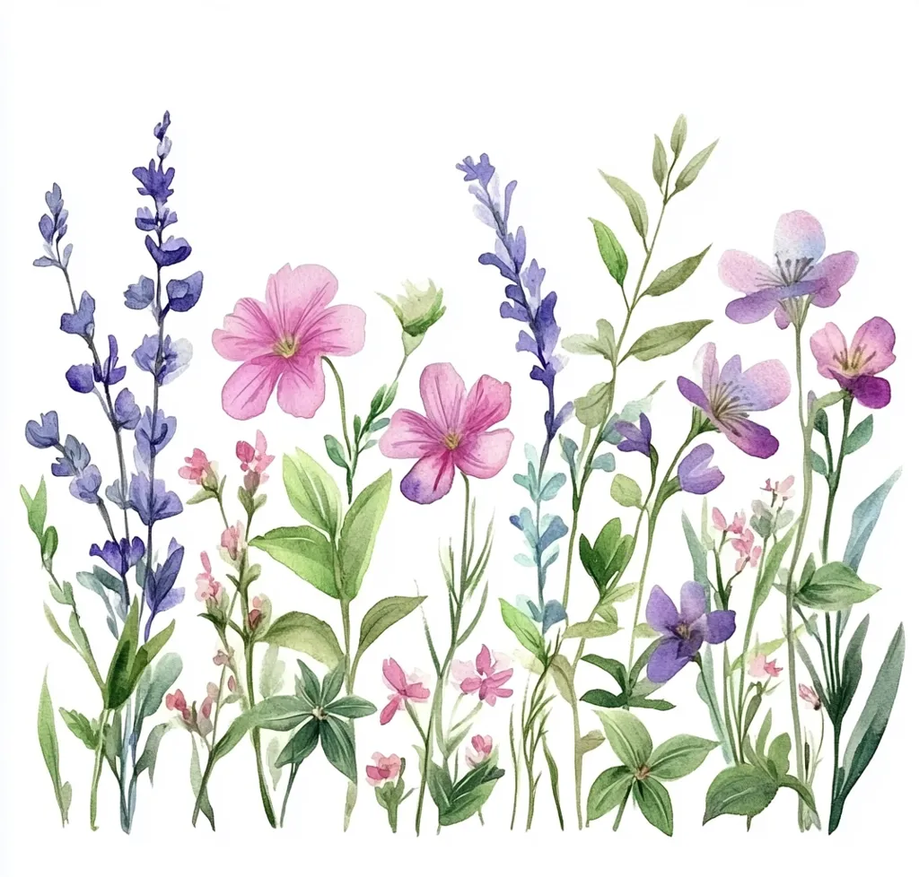 A watercolor painting depicts a vibrant array of wildflowers against a white background.  Delicate pink and purple blossoms, including lavender and cosmos-like flowers, are interspersed with smaller blooms and greenery.  The arrangement creates a naturalistic, romantic feel, showcasing the beauty of diverse floral species in a harmonious composition. The style is soft and ethereal, emphasizing the subtle color variations.