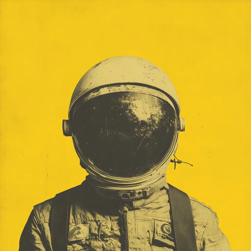 A stylized image depicts an astronaut's head and shoulders against a vibrant yellow background.  The astronaut's helmet is worn and textured, its visor obscuring the face. The spacesuit shows signs of wear and age, creating a vintage aesthetic. The overall tone is muted, contrasting with the bright yellow backdrop, suggesting a sense of mystery and isolation.