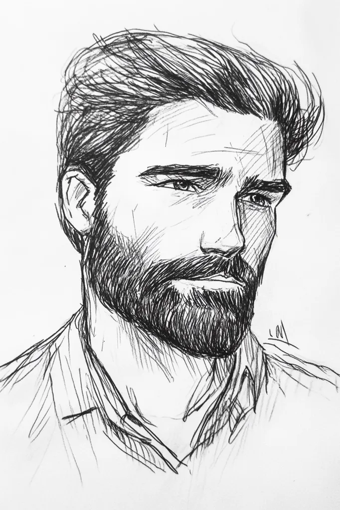 A detailed pen-and-ink sketch depicts a man's head and shoulders.  He has a full beard and styled hair, his expression serious and contemplative.  The artist uses shading and linework to create depth and texture, particularly in the hair and beard.  The man appears to be wearing a collared shirt. The style is realistic with a slightly stylized feel.