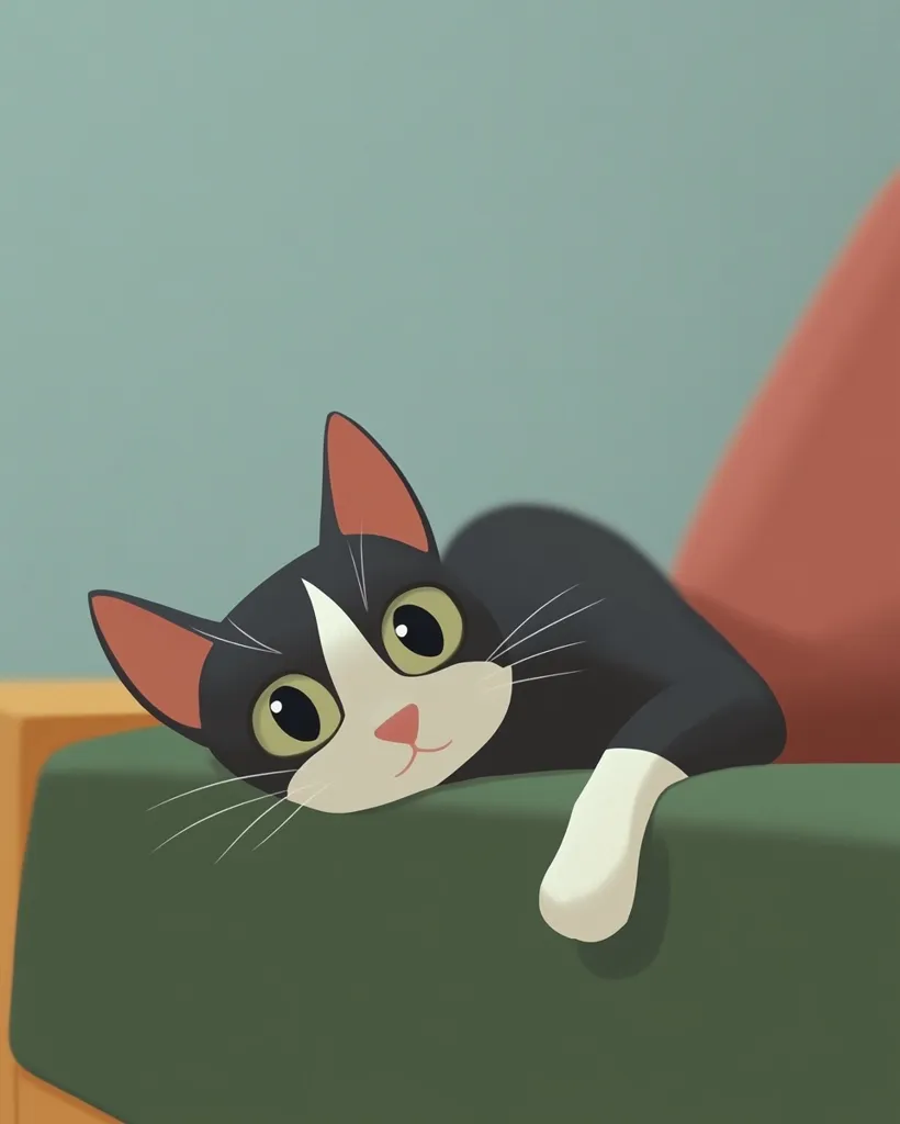 A charming illustration depicts a tuxedo cat resting on a green armchair.  The cat's large, expressive eyes and relaxed posture convey a sense of contentment. The muted color palette and simplistic style create a calming and aesthetically pleasing image.  The cat's white paws hang over the armrest, adding to the overall adorable feel.