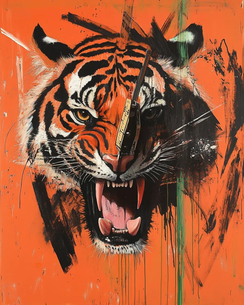 A vibrant orange canvas features a dramatic close-up of a snarling tiger's head.  The tiger's intense gaze and bared teeth are emphasized by bold black and white brushstrokes, creating a sense of raw energy.  Abstract elements, including drips and slashes of paint, intersect with the tiger's form, adding layers of texture and dynamism to the composition.  The overall effect is one of powerful intensity and artistic expression.