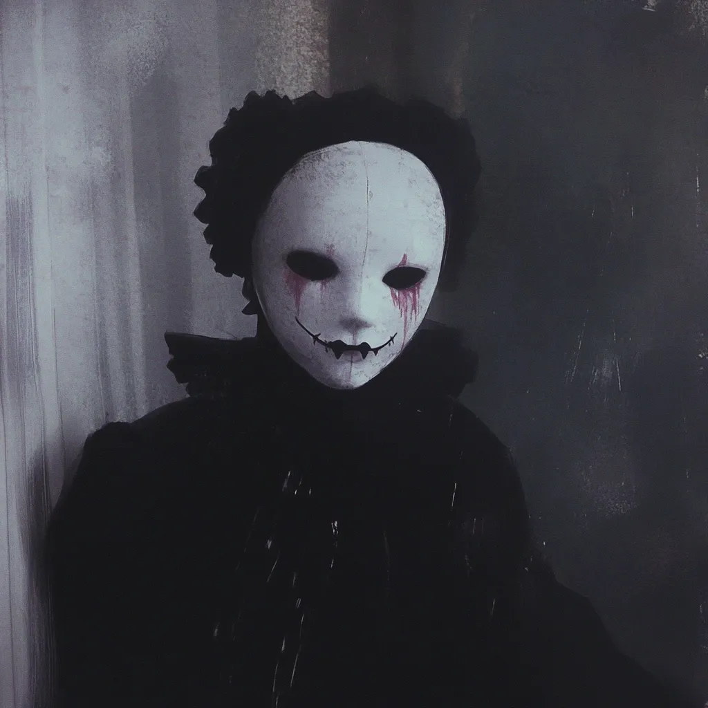 A figure shrouded in darkness wears a disturbing white mask with a sinister smile and streaks of red, suggesting blood. The mask is framed by dark, ruffled fabric reminiscent of a bonnet or collar. The overall aesthetic is eerie and unsettling, evoking a sense of mystery and unease. The dark background enhances the ominous atmosphere.