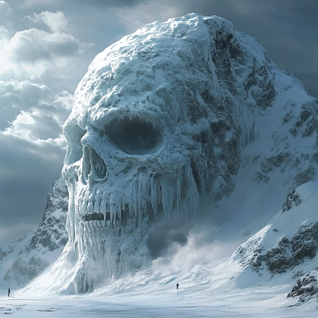 A colossal, icy skull dominates a snow-covered mountain range.  Icicles hang from its frozen jaw, and a dark eye socket gazes out from the massive formation.  Two tiny figures are dwarfed by the immense scale of the skull, emphasizing its imposing size and ominous presence in the stark, wintry landscape.  The scene evokes a sense of awe and unease.