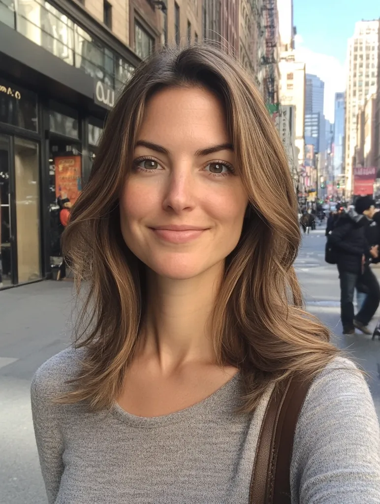 A young woman with shoulder-length light brown hair smiles gently at the camera. She's wearing a simple gray sweater and a brown shoulder bag. The background is a blurry city street in New York City, with tall buildings and pedestrians visible.  The sunlight illuminates her face softly, creating a natural and warm feel.
