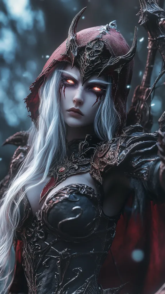 A striking female figure, adorned in dark, ornate armor and a crimson hood, commands attention.  Her long, white hair cascades down her shoulders. Glowing red eyes and crimson streaks on her face add to her fierce, otherworldly appearance. The intricate details of her armor and the dark, atmospheric background enhance the image's dramatic and fantasy-like quality.  She holds a weapon, partially obscured, suggesting power and combat.