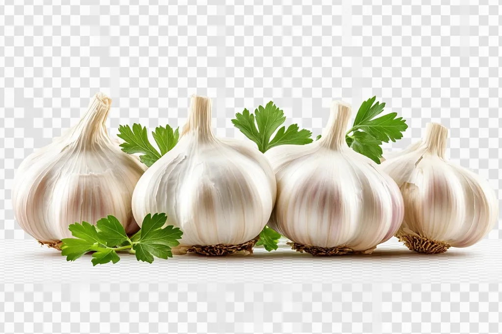 Four bulbs of garlic are arranged in a row, nestled amongst sprigs of fresh parsley.  The garlic bulbs are plump and pale, with visible segments.  The image is set against a transparent background, highlighting the vibrant colors and textures of the garlic and parsley. The overall presentation is clean and visually appealing.