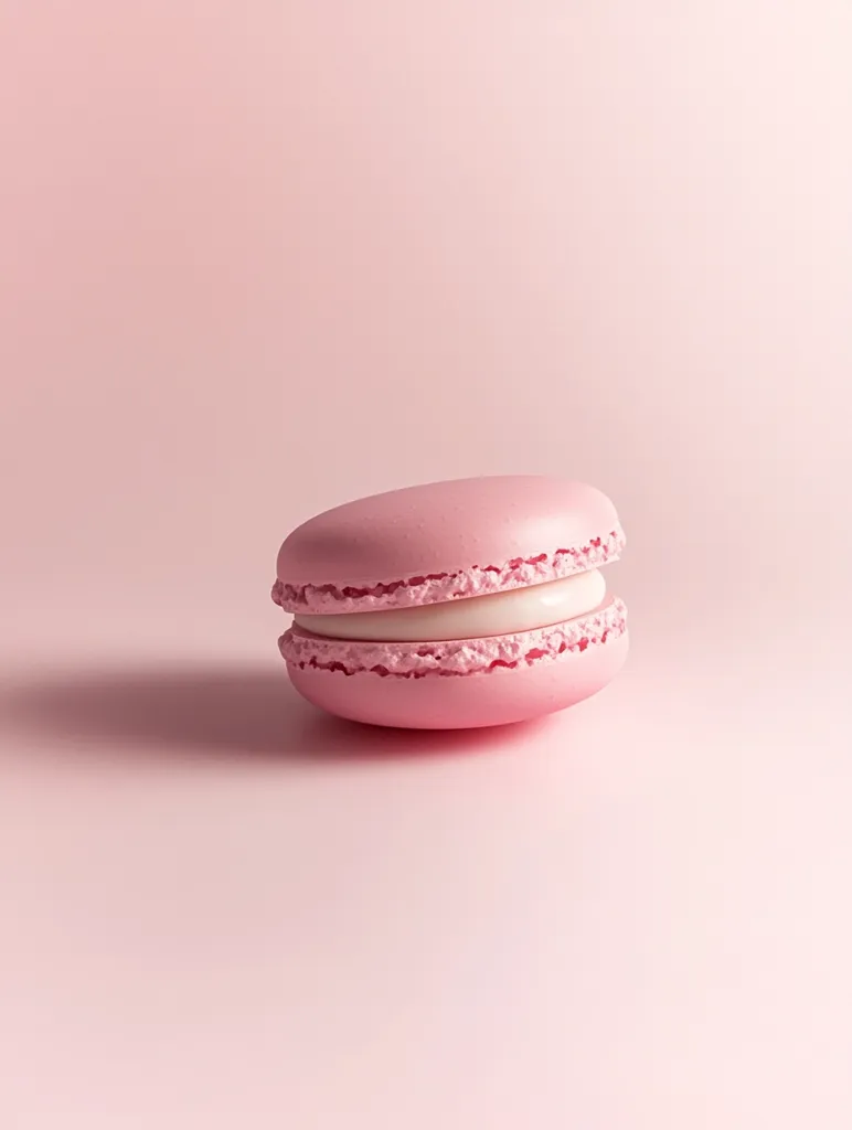 A single pink macaron sits on a pale pink surface.  The macaron is delicately colored, with a visible layer of white cream filling between its two shell-like halves.  The background is a solid, soft pink, providing a minimalist and visually appealing contrast to the sweet treat.  The image evokes a feeling of elegance and simplicity.