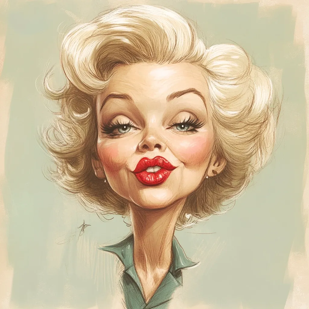 A caricature of Marilyn Monroe, depicted with exaggerated features.  Her blonde hair is styled in her iconic manner, and her lips are a vibrant red. The artist uses a blend of pencil and digital techniques to create a stylized portrait with a humorous take on her classic look.  The background is a muted, pastel green.