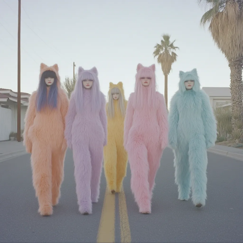 Five women in pastel-colored furry cat-hooded jumpsuits walk down a residential street.  Their hair is styled similarly, and they maintain a synchronized gait.  The scene is set against a backdrop of suburban houses and palm trees under a muted sky, creating a surreal and slightly unsettling atmosphere.  The overall aesthetic is soft, yet strangely unnerving.