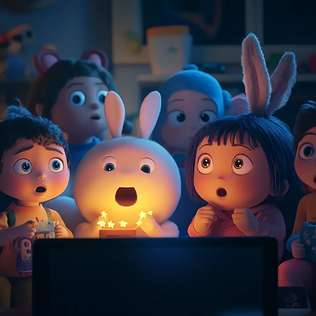 A group of adorable animated children and a fluffy bunny rabbit are gathered around a laptop, eyes wide with wonder.  The bunny holds a box emitting tiny stars, adding to the magical scene.  The children, with diverse appearances and expressions of awe, are captivated by what's on the screen. The warm lighting and soft focus create a cozy and enchanting atmosphere.