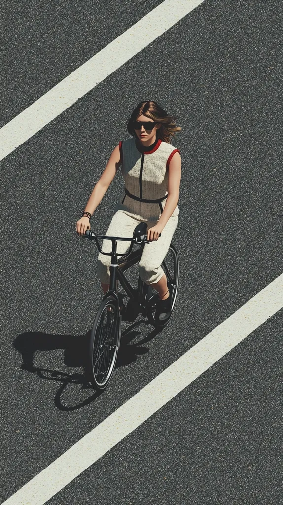 A woman with sunglasses rides a black bicycle along a road marked with white lines.  She wears a cream-colored jumpsuit and has shoulder-length brown hair. The overhead shot emphasizes the contrast between the dark asphalt and the bright white lines, creating a visually striking image. The scene is simple yet stylish.