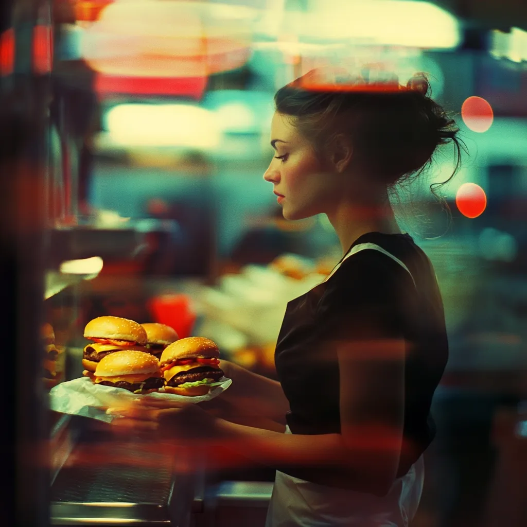 A young woman, viewed in profile, holds a stack of three cheeseburgers in a dimly lit diner.  The scene is blurred, creating a nostalgic and dreamlike atmosphere.  Warm lighting highlights the burgers, contrasting with the cool tones of the background.  Her expression is pensive as she carries the food. The image suggests a moment of quiet contemplation amidst the bustling energy of a late-night eatery.