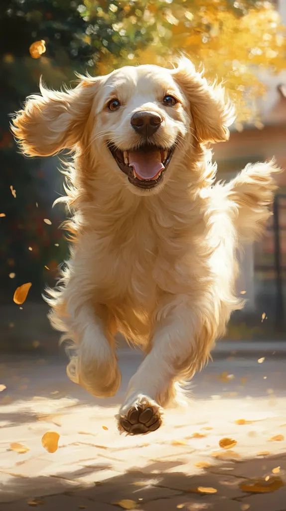 A golden retriever runs joyfully through a sunlit path, its fur flowing in the breeze.  Autumn leaves scatter around its paws as it bounds forward with a wide, happy grin.  The dog's expression is one of pure, unadulterated joy, capturing a moment of carefree energy.  The warm light enhances the image's cheerful and vibrant atmosphere.
