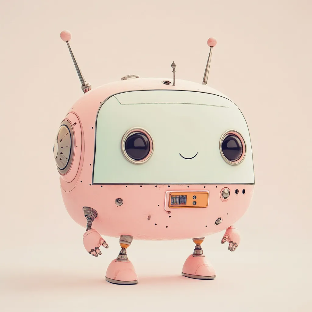 A charming, pink robot with large, expressive eyes and a small smile stands against a pale background.  Its design is retro-futuristic, featuring antennas, visible joints, and a light-mint colored screen.  The robot has stubby legs and arms, giving it a cute, friendly appearance.  Its overall aesthetic is playful and reminiscent of vintage toys.