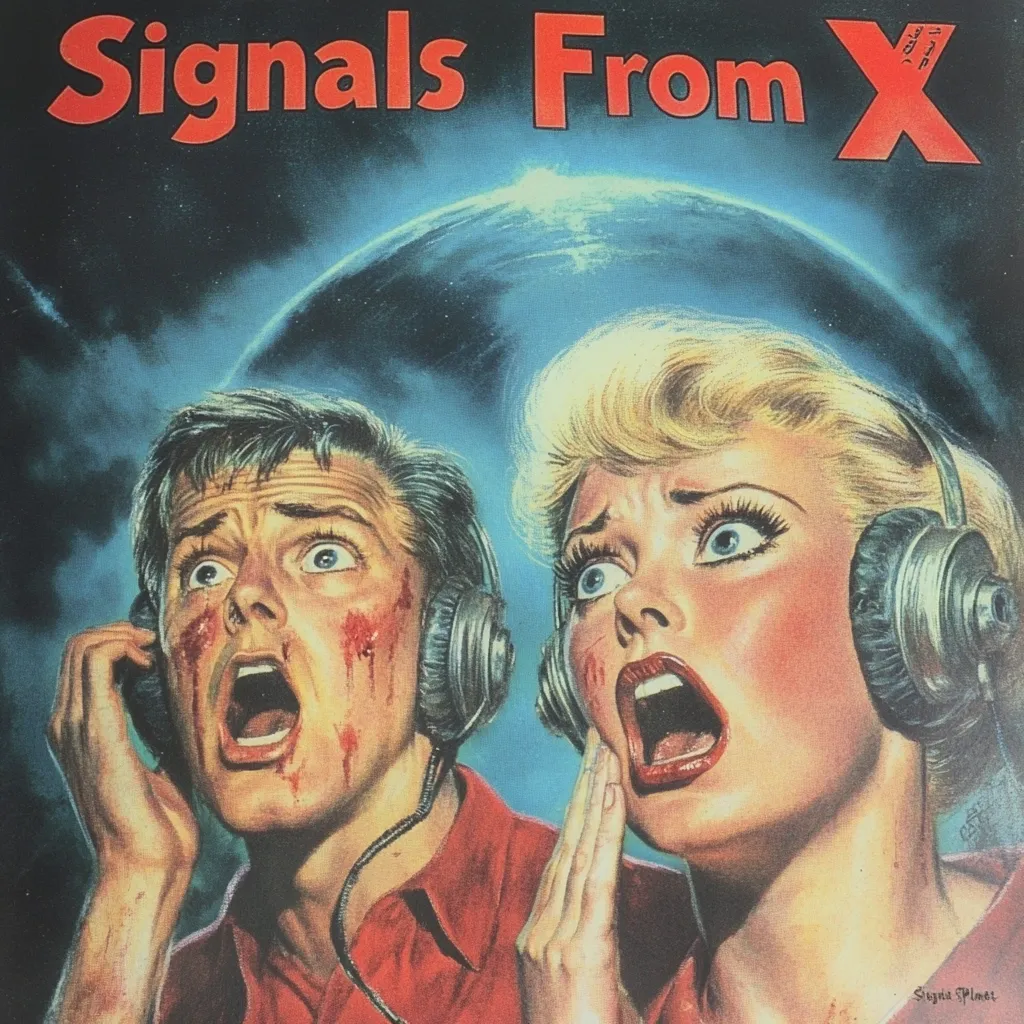 A vintage science fiction pulp magazine cover titled "Signals From X" depicts a terrified man and woman wearing headphones, against a backdrop of a looming planet and a dark, star-filled sky. The man's face is bloodied, suggesting violence or an attack. The woman's expression is one of intense fear and shock. The overall mood is one of suspense and impending doom.