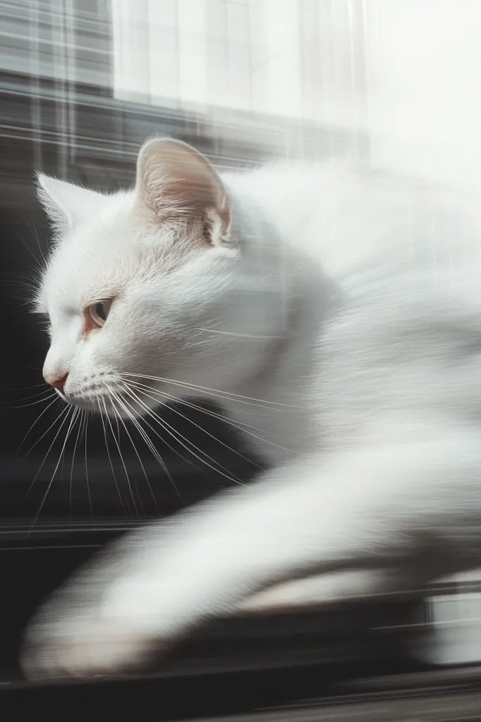 A white cat with striking green eyes is captured in motion, blurring its body while its head remains in focus.  The cat's long whiskers are clearly visible, and its expression suggests alertness. The background is a softly blurred window, creating a contrast between the sharp detail of the cat and the ethereal quality of its surroundings.  The image evokes a sense of speed and grace.