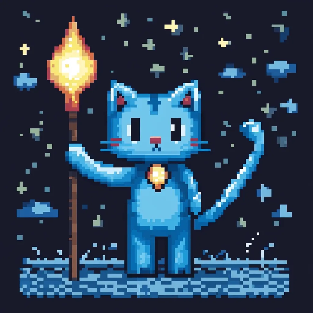 A pixel art depiction of a light blue cat holding a flaming torch. The cat is standing on a pixelated landscape under a starry night sky with pixelated clouds.  The cat has a simple, cute design with large eyes and a small, yellow amulet. The scene evokes a whimsical, possibly magical atmosphere.