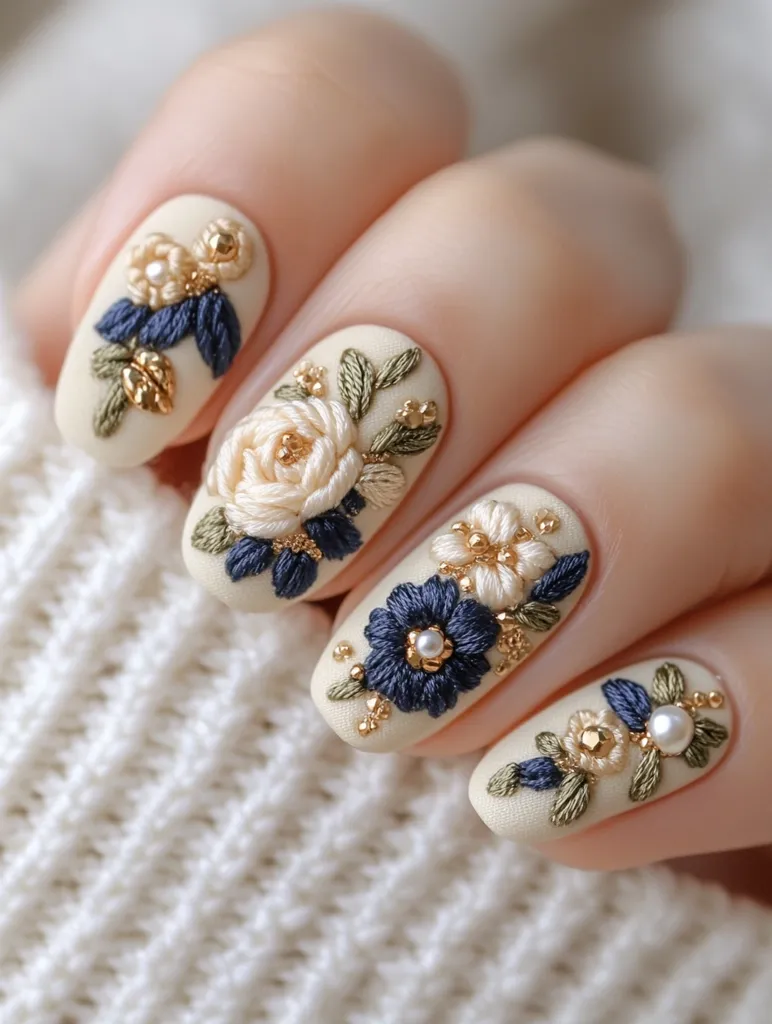 Close-up of a hand displaying intricately designed nails. Each nail is adorned with delicate embroidered floral patterns in cream, navy blue, and gold, accented with tiny pearls. The nails are oval-shaped and feature a matte, creamy beige base.  The hand rests on a soft, off-white knitted fabric. The overall aesthetic is elegant and refined.