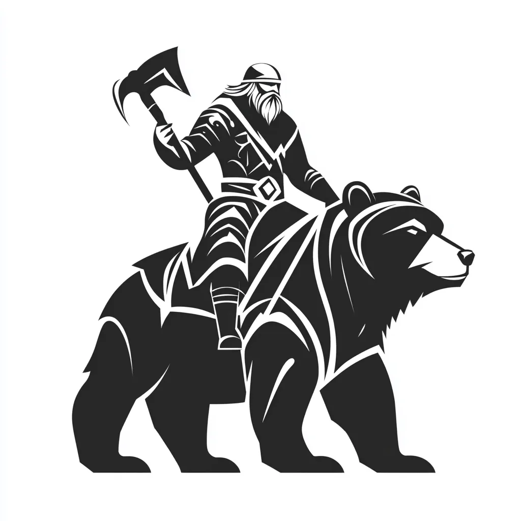 A stylized black and white illustration depicts a powerful warrior, reminiscent of a Viking, astride a large bear.  The warrior wields a battle-axe, his expression serious and determined.  The bear is depicted with bold lines, showcasing its strength and size. The image is bold and graphic, suggesting strength, courage, and a connection to nature.