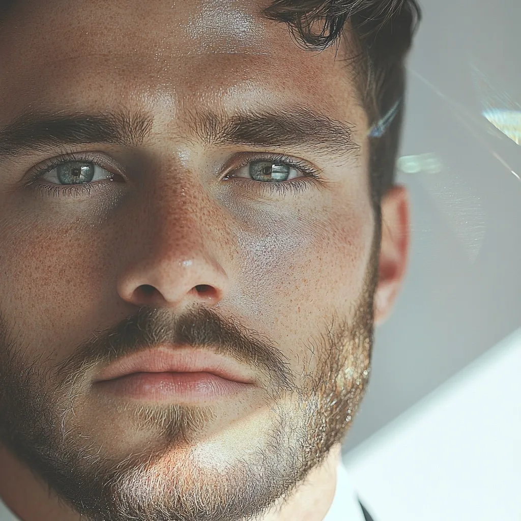 Close-up portrait of a young man with light skin and freckles. He has short, dark brown hair, intense green eyes, and a well-groomed short beard.  The light catches his face, highlighting his features. His expression is serious and thoughtful. The background is blurred and out of focus.