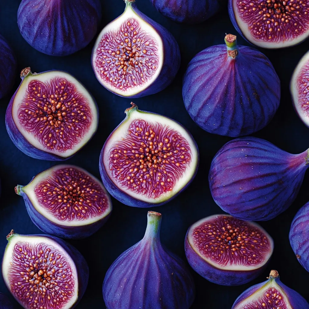 A vibrant close-up showcases numerous dark purple figs, some halved to reveal their crimson interiors speckled with tiny seeds.  The figs are arranged artfully against a deep blue background, highlighting their rich color and texture. The image evokes a sense of freshness and abundance.